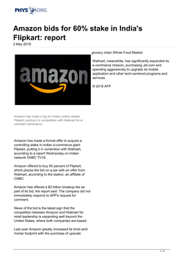 Amazon Bids for 60% Stake in India's Flipkart: Report 2 May 2018