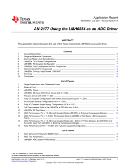 AN-2177 Using the LMH6554 As a ADC Driver (Rev. A)