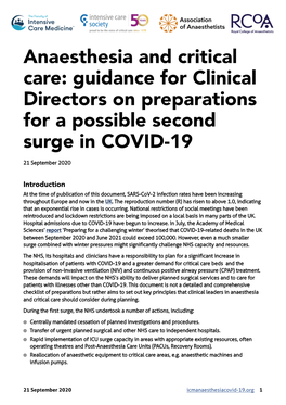 Anaesthesia and Critical Care: Guidance for Clinical Directors on Preparations for a Possible Second Surge in COVID-19 21 September 2020