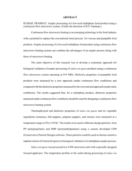 ABSTRACT KUMAR, PRABHAT. Aseptic Processing of a Low-Acid