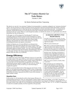The 21 Century Electric Car Tesla Motors Energy Efficiency