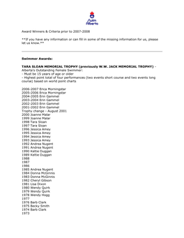 Award Winners & Criteria Prior to 2007-2008 **If You Have Any Information