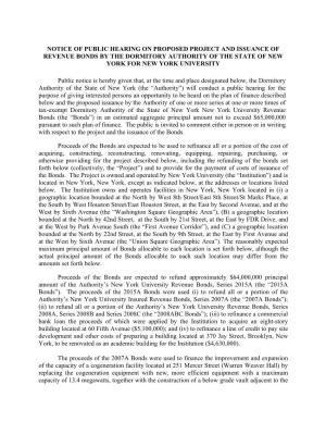 Notice of Public Hearing on Proposed Project and Issuance of Revenue Bonds by the Dormitory Authority of the State of New York for New York University
