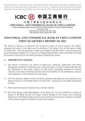 Industrial and Commercial Bank of China Limited First Quarterly Report of 2021
