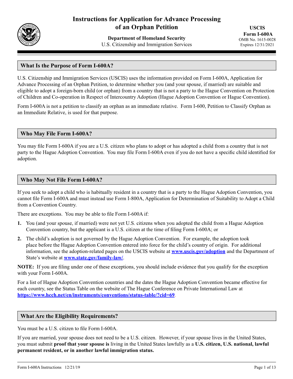 I-600A, Application for Advance Processing of an Orphan Petition