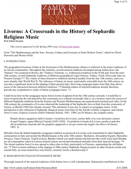 Livorno: a Crossroads in the History of Sephardic Religious Music Prof
