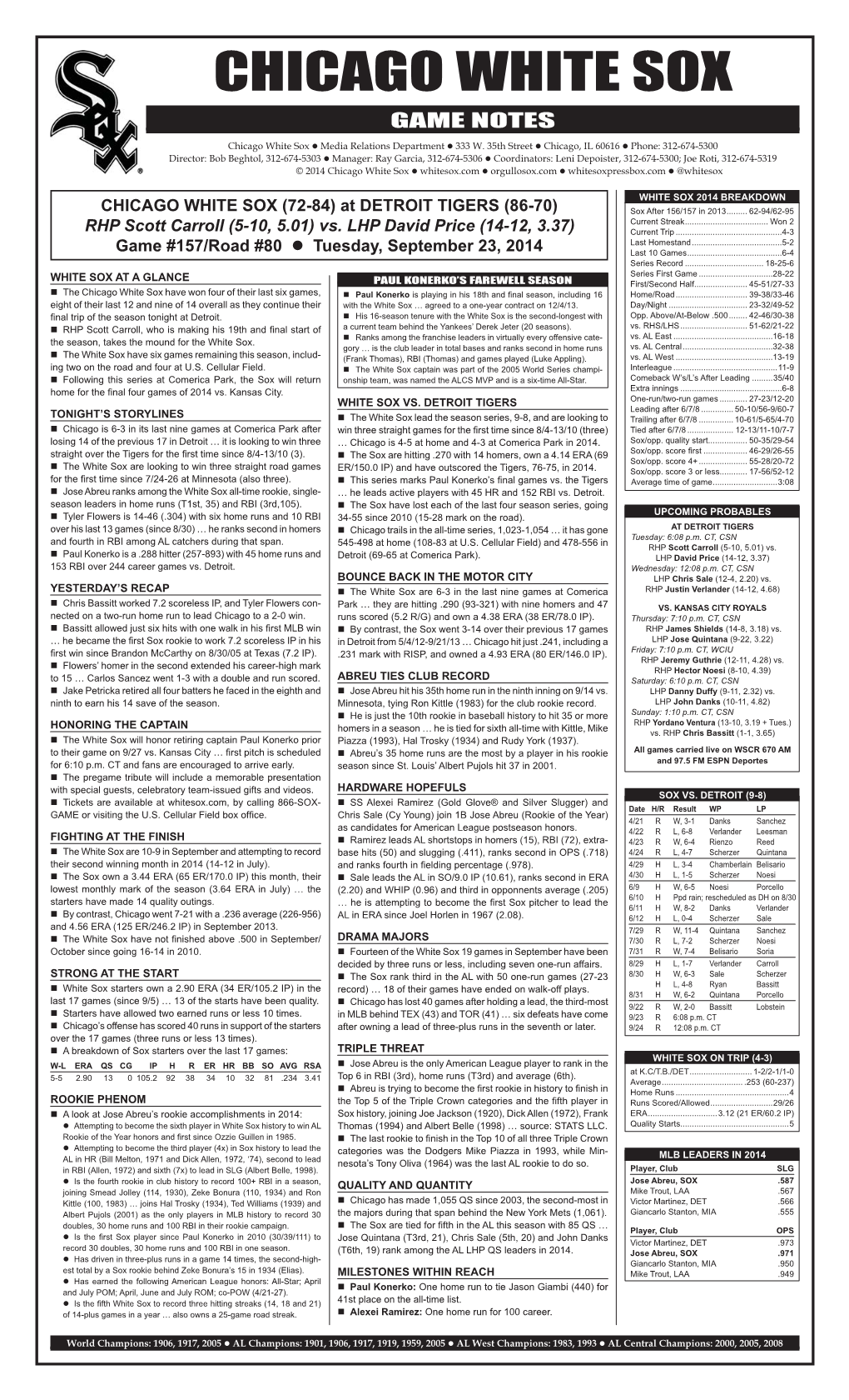 Chicago White Sox Game Notes