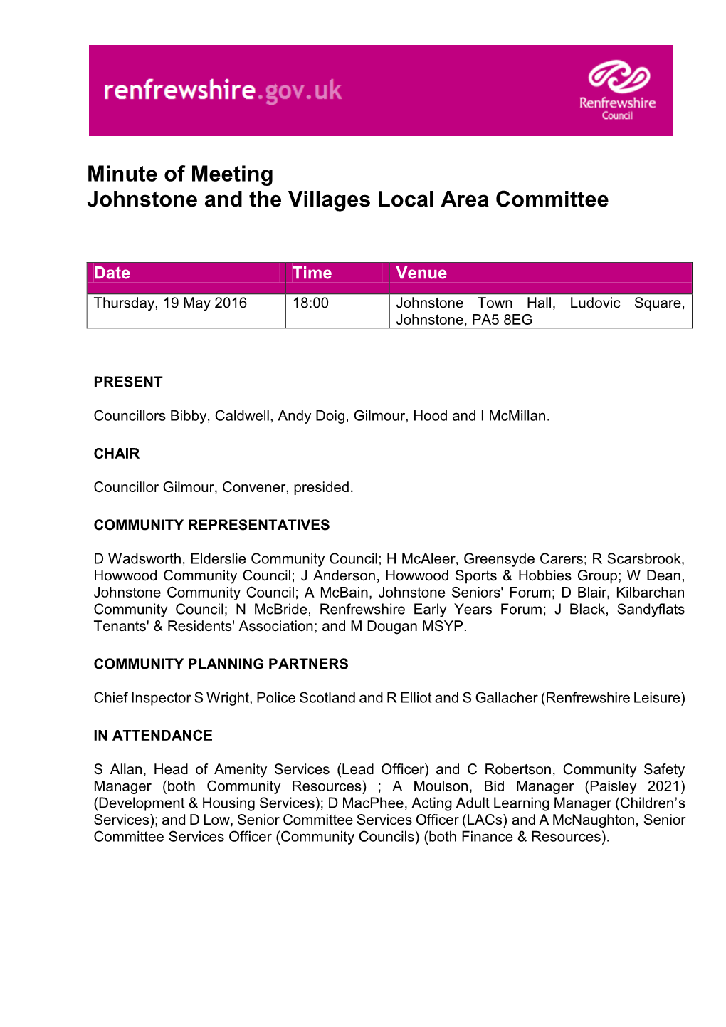 Minute of Meeting Johnstone and the Villages Local Area Committee