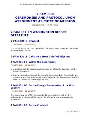 2 Fam 330 Ceremonies and Protocol Upon Assignment As Chief of Mission (Tl:Gen-298; 11-22-1999)