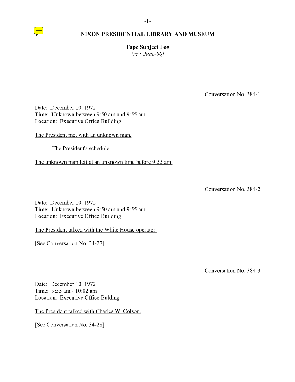 EOB #384: December 10-14, 1972 [Complete Tape Subject Log]