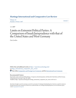 Limits on Extremist Political Parties: a Comparison of Israeli Jurisprudence with That of the United States and West Germany Dan Gordon