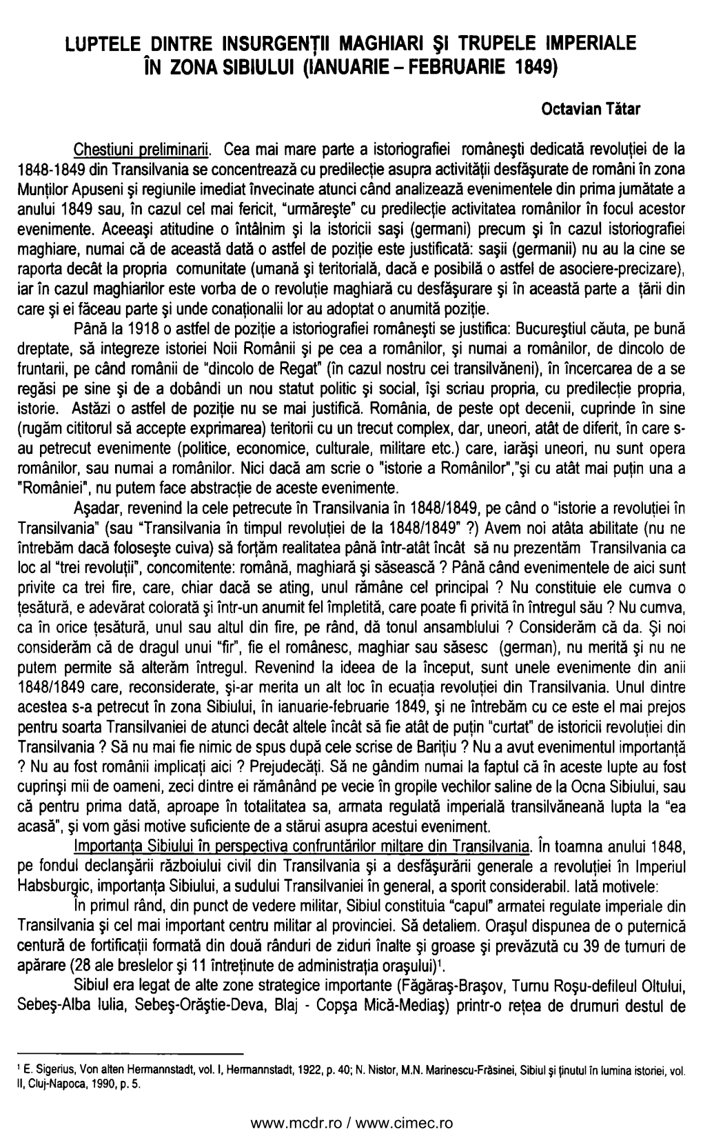 Luptele Dintre Insurgentu Maghiari Şi Trupele Imperiale a I in Zona Sibiului (Ianuarie - Februarie 1849)