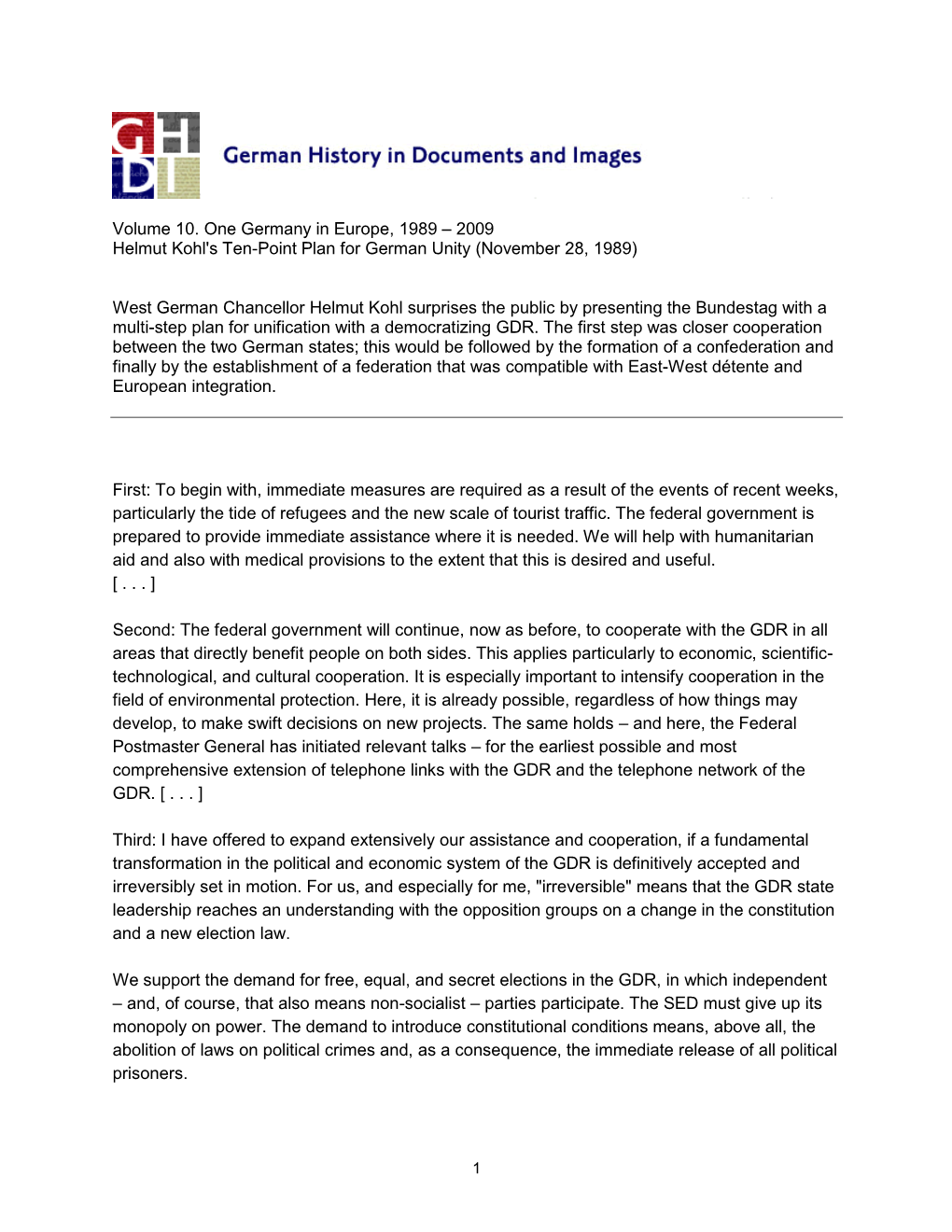 Kohl's Ten-Point Program for Policy on Germany from November 28, 1989