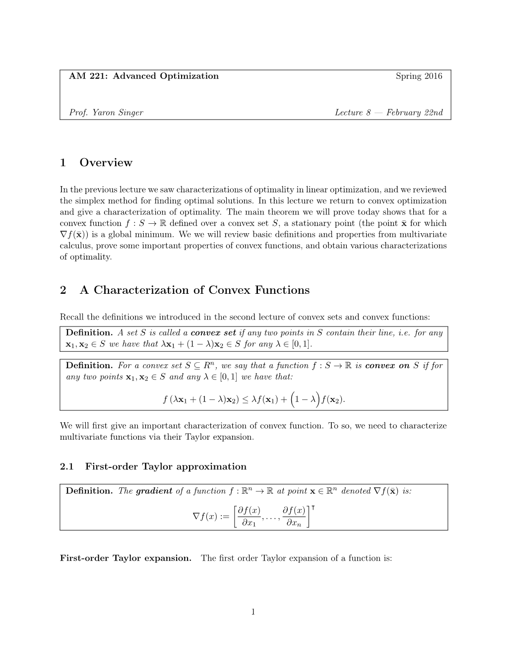 1 Overview 2 a Characterization of Convex Functions