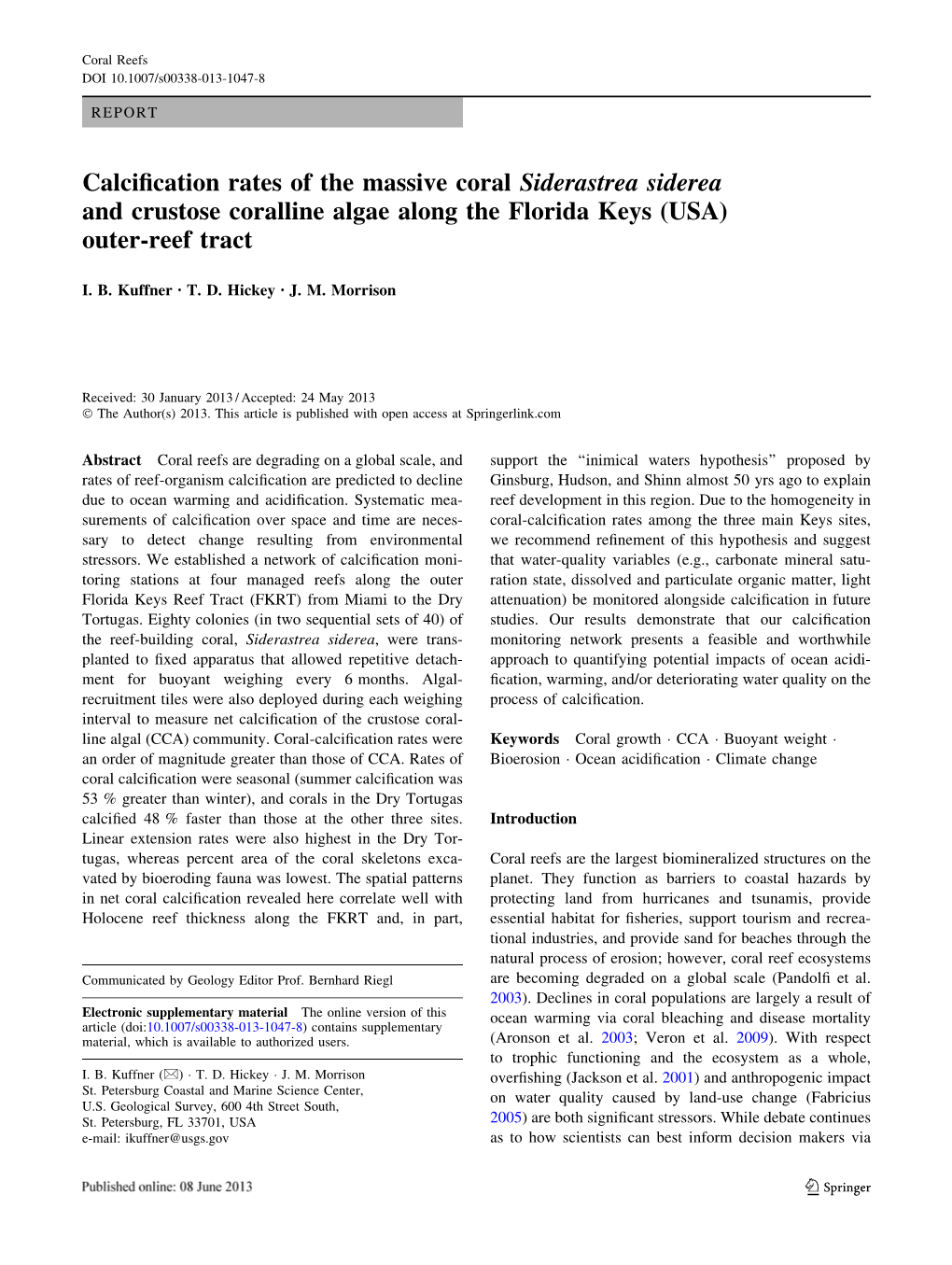 Calcification Rates of the Massive Coral Siderastrea Siderea and Crustose