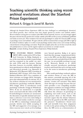 Teaching Scientific Thinking Using Recent Archival Revelations About the Stanford Prison Experiment Richard A