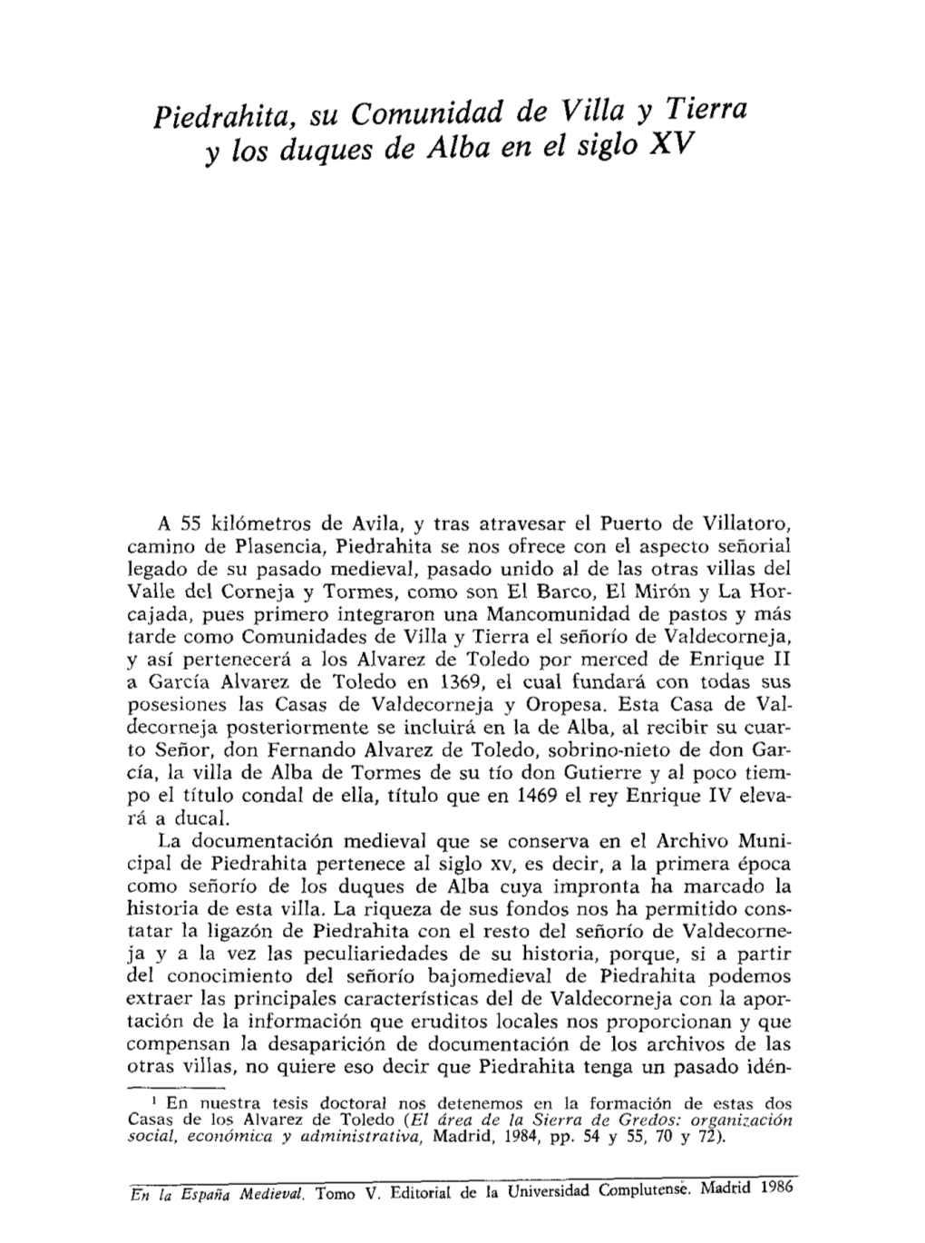 Piedrahita, Su Comunidad De Villa Y Tierra Y Los Duques De Alba En El Siglo XV