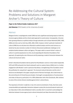Re-Addressing the Cultural System: Problems and Solutions in Margaret Archer’S Theory of Culture