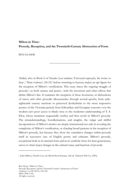 Milton in Time: Prosody, Reception, and the Twentieth-Century Abstraction of Form