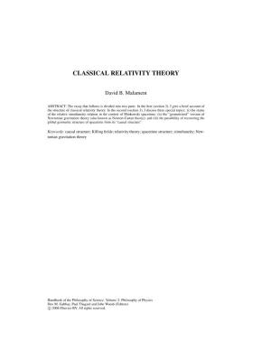 Classical Relativity Theory