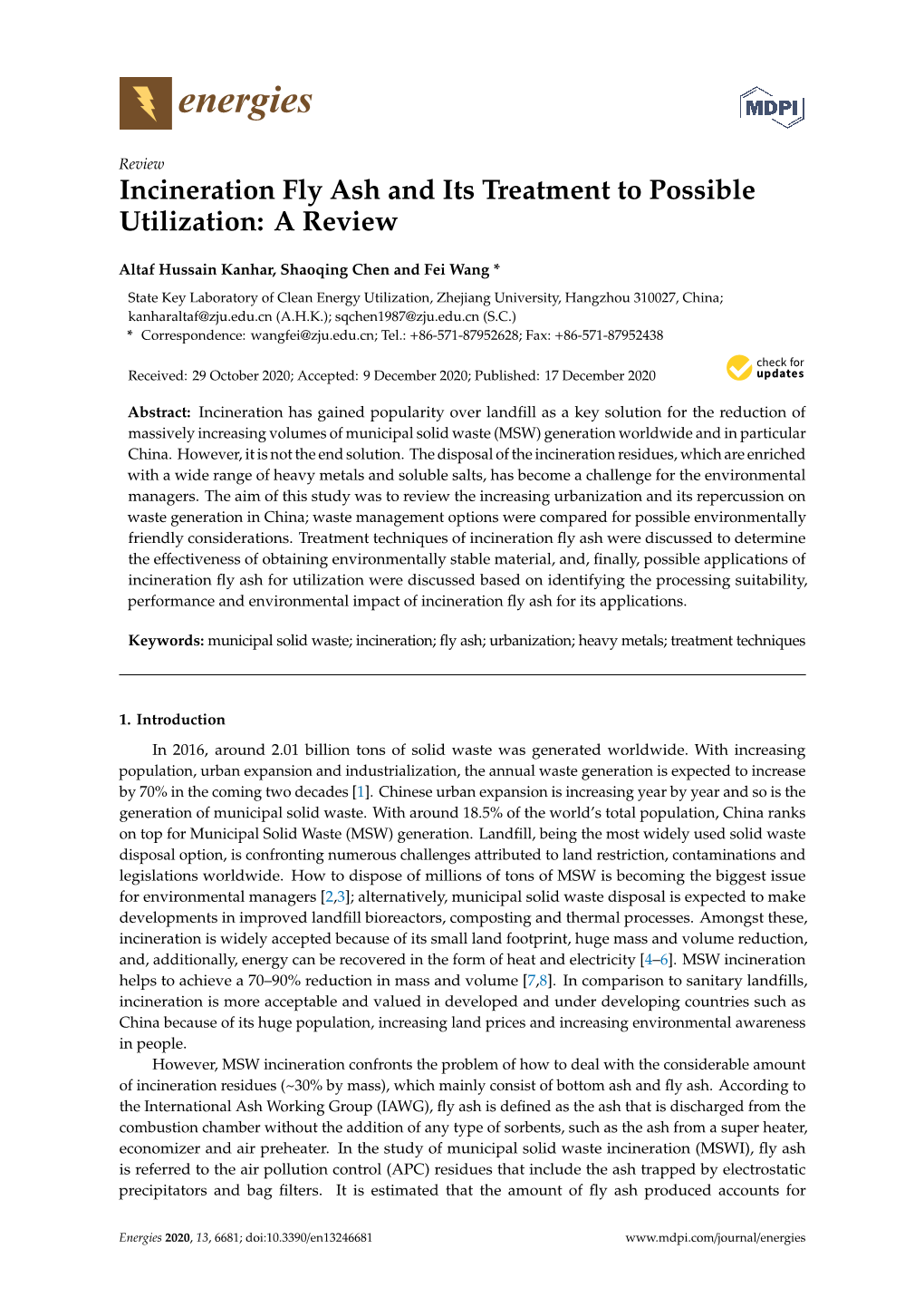 Incineration Fly Ash and Its Treatment to Possible Utilization: a Review