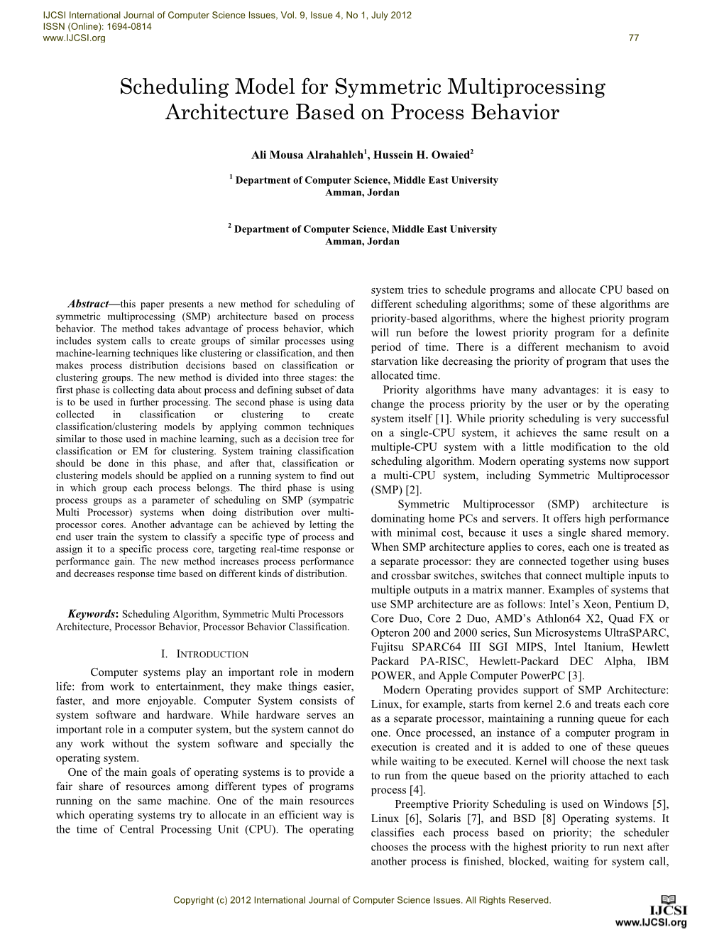 Scheduling Model for Symmetric Multiprocessing Architecture Based on Process Behavior