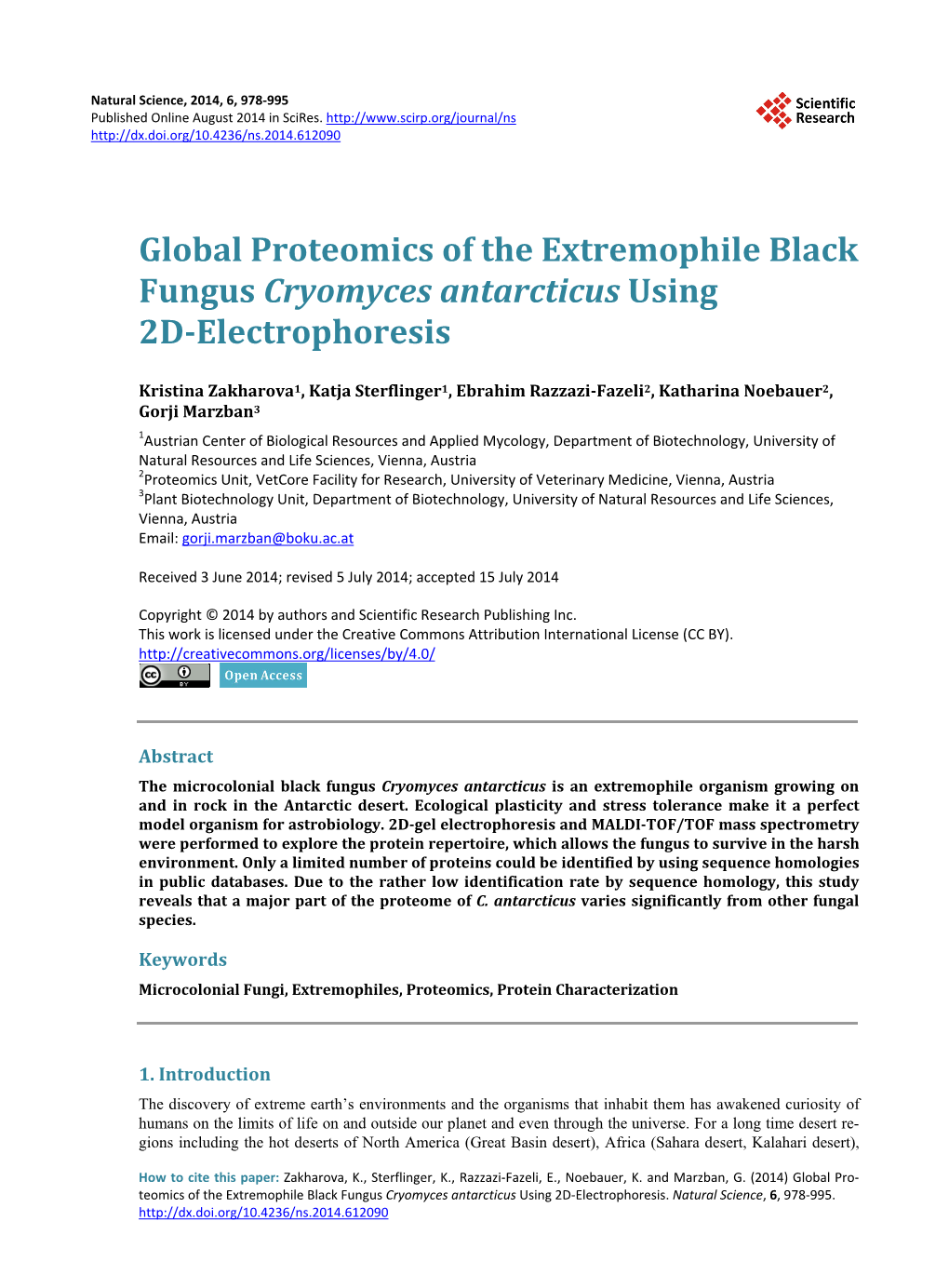 Global Proteomics of the Extremophile Black Fungus Cryomyces Antarcticus Using 2D-Electrophoresis