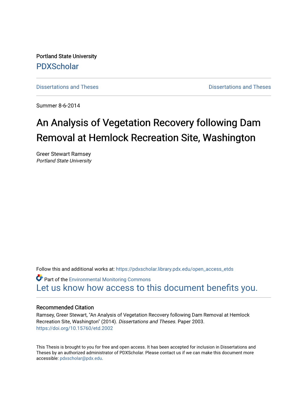 An Analysis of Vegetation Recovery Following Dam Removal at Hemlock Recreation Site, Washington