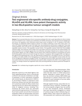 Original Article Two Engineered Site-Specific Antibody-Drug Conjugates, Hlmd4 and Hlvm4, Have Potent Therapeutic Activity in Two DLL4-Positive Tumour Xenograft Models