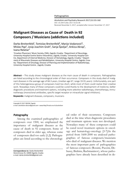 Malignant Diseases As Cause of Death in 92 Composers / Musicians (Addictions Included)