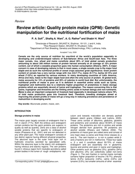 Quality Protein Maize (QPM): Genetic Manipulation for the Nutritional Fortification of Maize