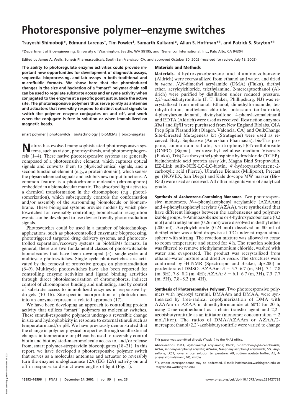 Photoresponsive Polymer–Enzyme Switches