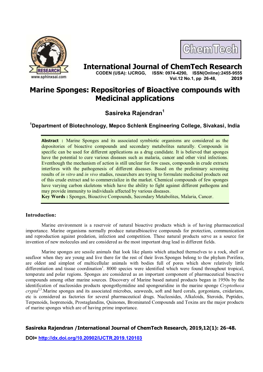 Marine Sponges: Repositories of Bioactive Compounds with Medicinal Applications International Journal of Chemtech Research