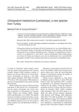 Clinopodium Hakkaricum (Lamiaceae), a New Species from Turkey
