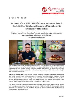 Recipient of the WGS 2019 Lifetime Achievement Award, Celebrity Chef Sam Leong Presents a Menu About His Life Journey at Forest 森