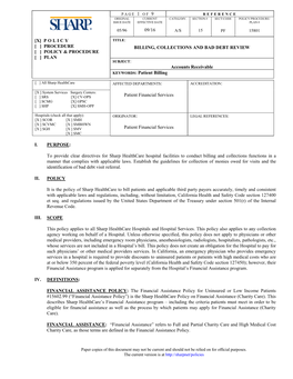 BILLING, COLLECTIONS and BAD DEBT REVIEW [ ] POLICY & PROCEDURE [ ] PLAN SUBJECT: Accounts Receivable KEYWORDS: Patient Billing