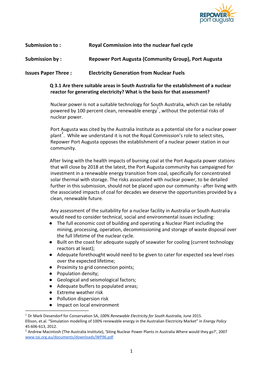 Submission to : Royal Commission Into the Nuclear Fuel Cycle Submission by : Repower Port Augusta (Community Group), Port August