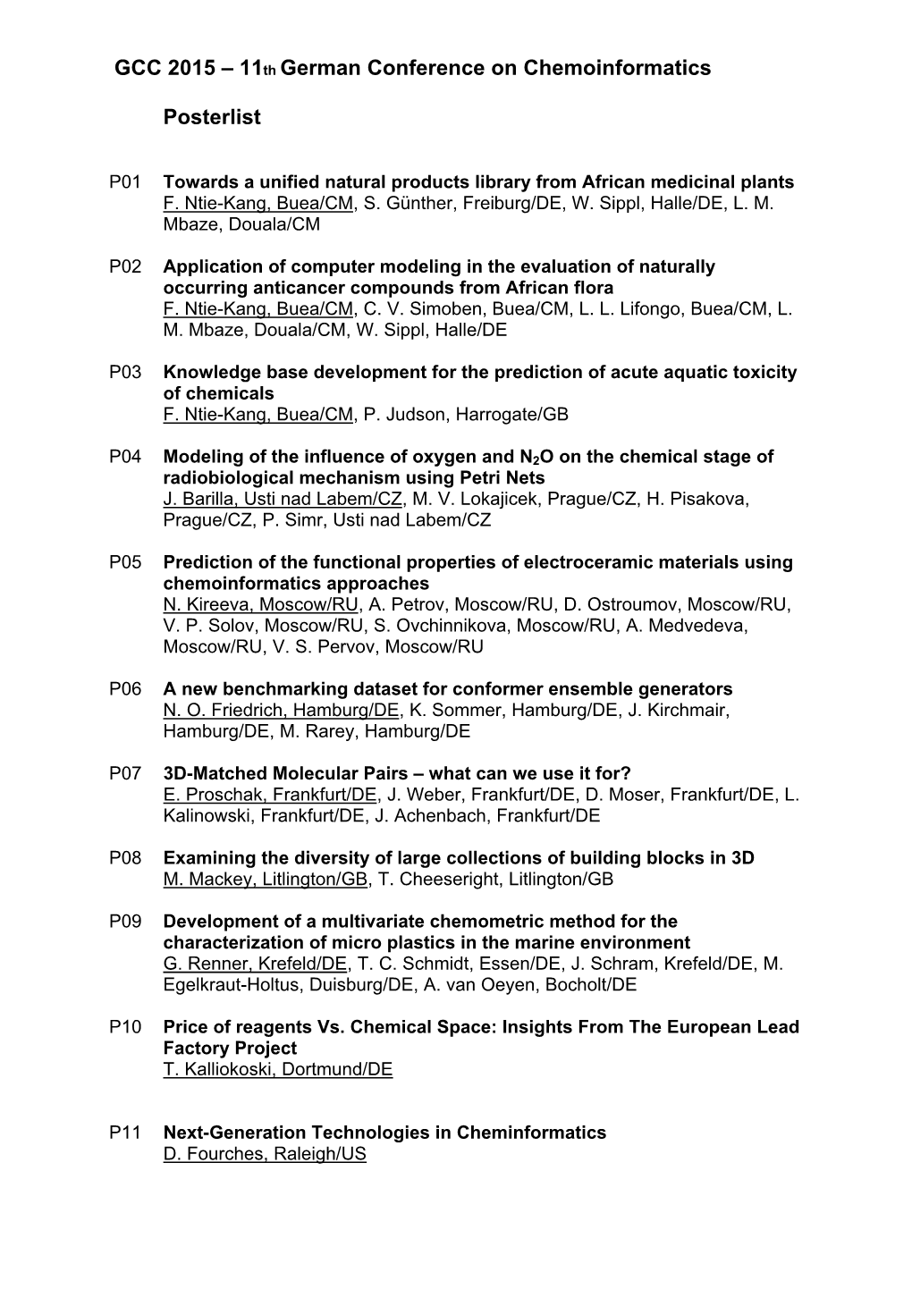 GCC 2015 – 11Th German Conference on Chemoinformatics Posterlist