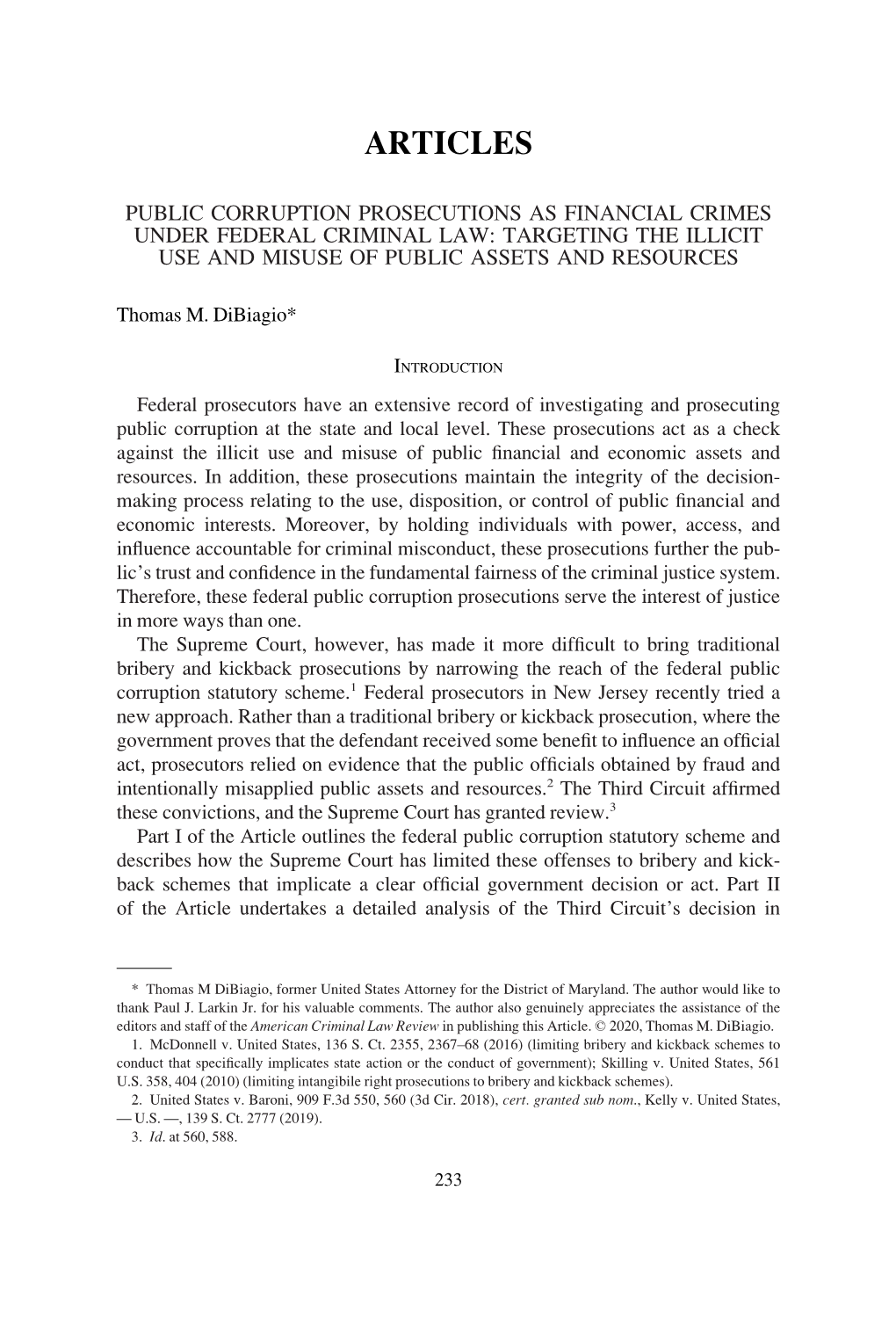 Public Corruption Prosecutions As Financial Crimes Under Federal Criminal Law: Targeting the Illicit Use and Misuse of Public Assets and Resources