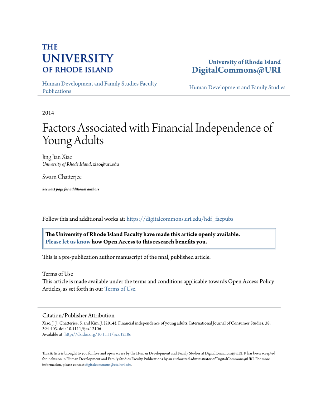 Factors Associated with Financial Independence of Young Adults Jing Jian Xiao University of Rhode Island, Xiao@Uri.Edu