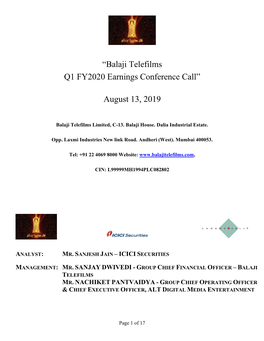 “Balaji Telefilms Q1 FY2020 Earnings Conference Call” August 13, 2019
