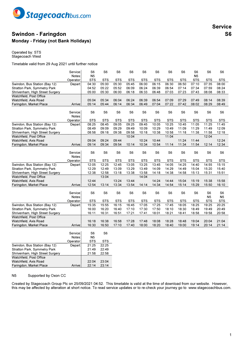 Service Swindon - Faringdon S6 Monday - Friday (Not Bank Holidays)