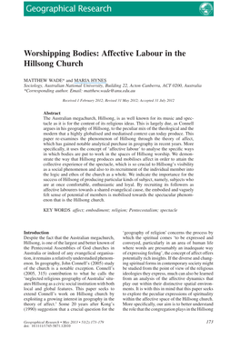 Worshipping Bodies: Affective Labour in the Hillsong Church