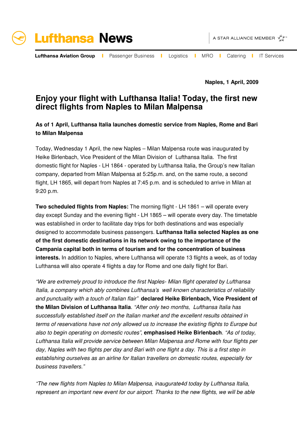 Enjoy Your Flight with Lufthansa Italia! Today, the First New Direct Flights from Naples to Milan Malpensa