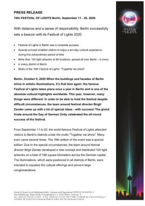 PRESS RELEASE with Distance and a Sense of Responsibility: Berlin Successfully Sets a Beacon with Its Festival of Lights 2020