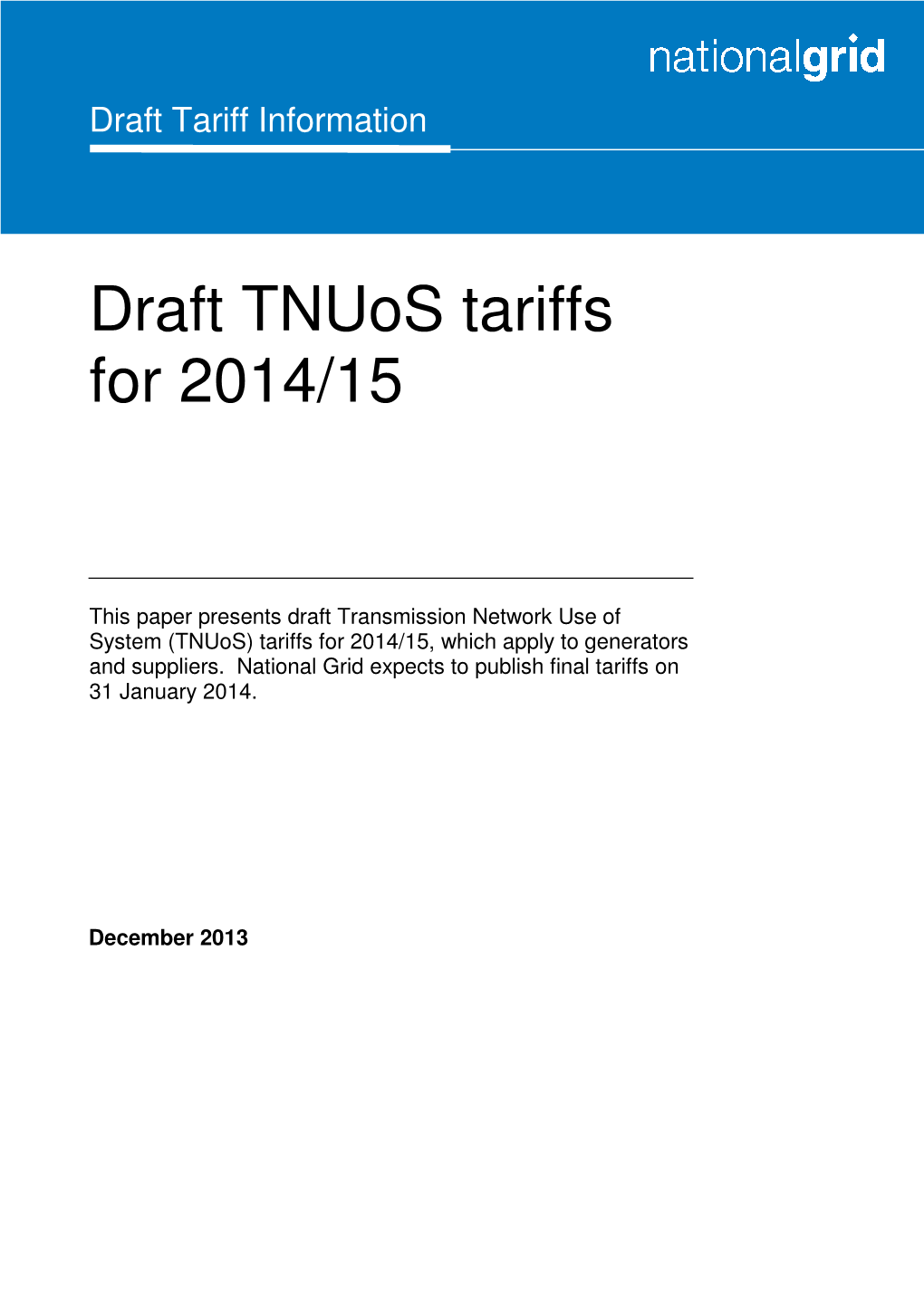 Draft Tnuos Tariffs for 2014/15