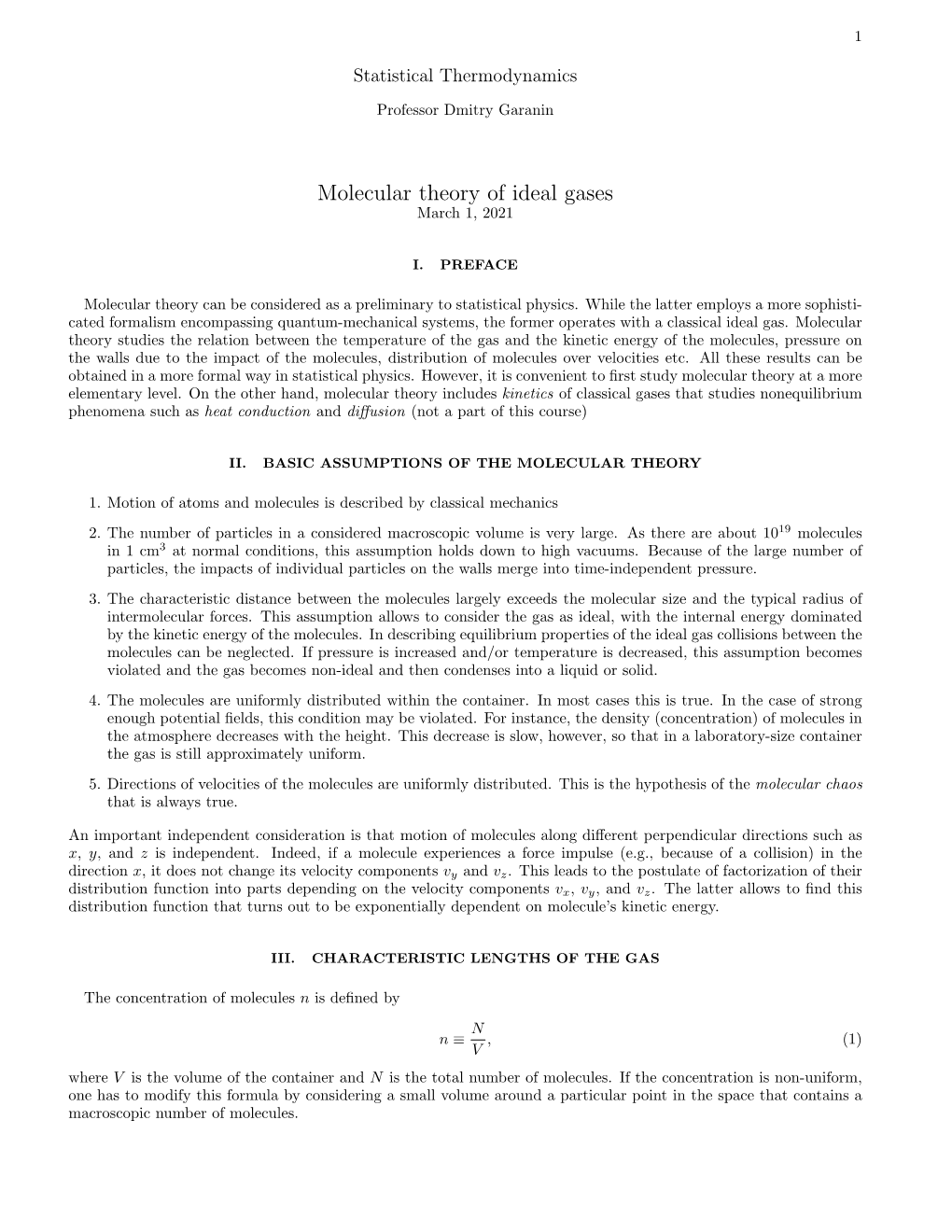 Molecular Theory of Ideal Gases March 1, 2021