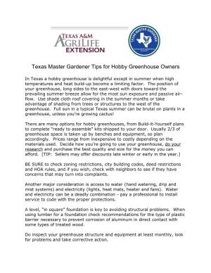 Texas Master Gardener Tips for Hobby Greenhouse Owners