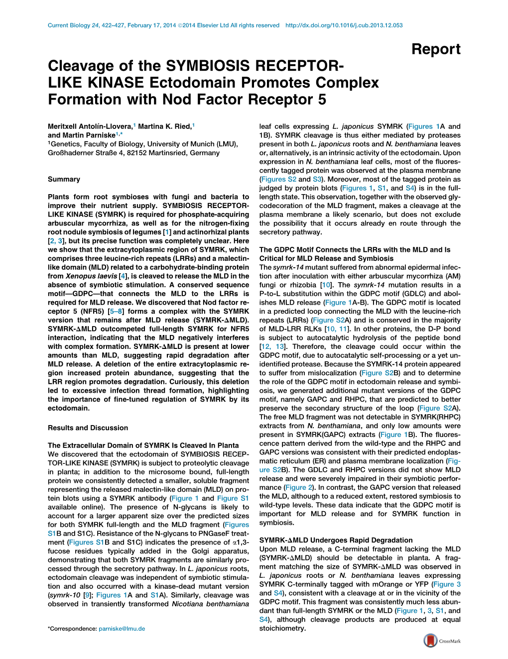 Cleavage of the SYMBIOSIS RECEPTOR-LIKE KINASE