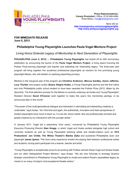 Philadelphia Young Playwrights Launches Paula Vogel Mentors Project